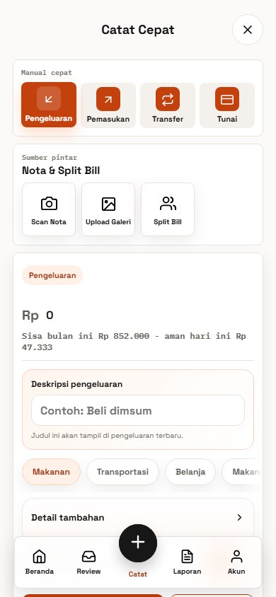 Layar awal Catat Cepat dengan pilihan jenis transaksi