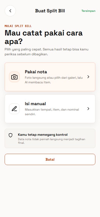 Pilihan memakai nota atau input manual saat membuat Split Bill